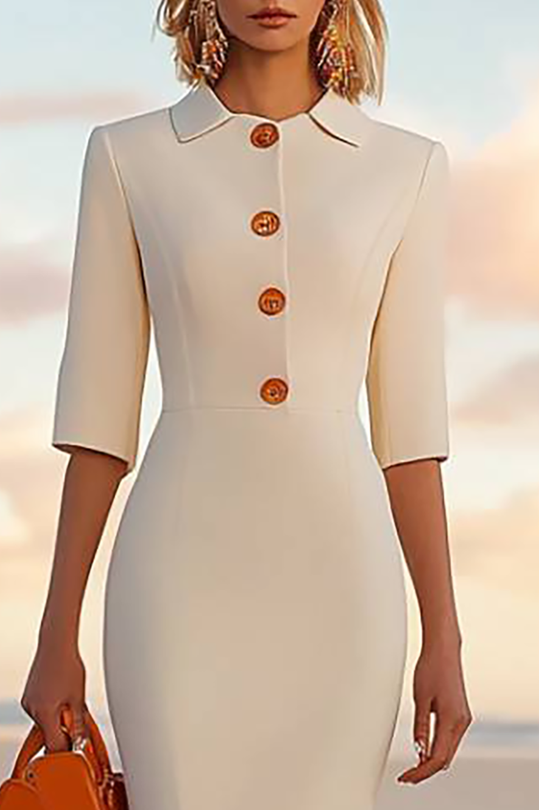 Work Semi-Formal Beige Dress Lapel Long Sleeves Long Dress With Slit