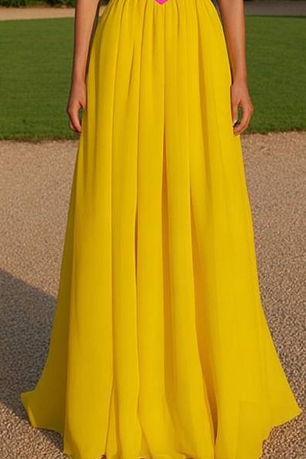 Formal ​Evening Dress Neon Pink Strapless Colorblock Maxi Dress