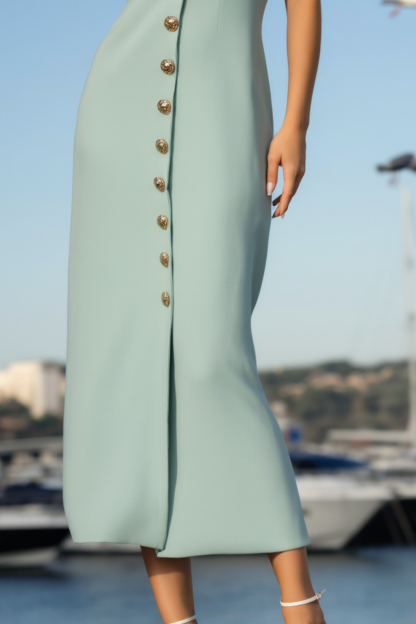 Cocktail Dress Green V Neck Ruffle Sleeveless Sheath Midi Dress