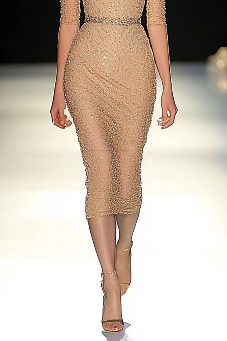 Party Sequin Dress Light Brown Round Neck Half-Sleeve Midi Dress