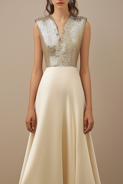 Party Sequin Dress Beige V-Neck Sleeveless Midi Dress