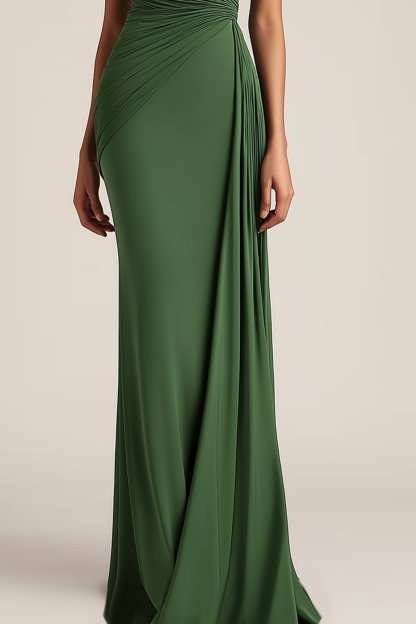 Formal Evening Dress Green One-Shoulder Ruched Floor-Length Dress