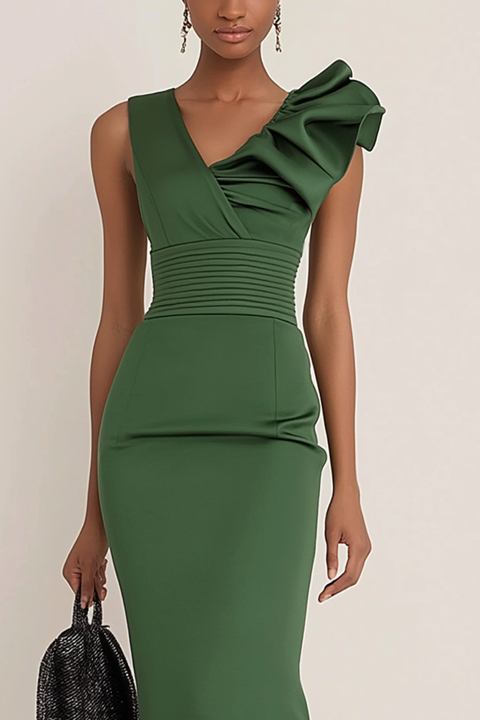 Work Semi-Formal Dress Green Sleeveless Ruffle Fitted Midi Dress