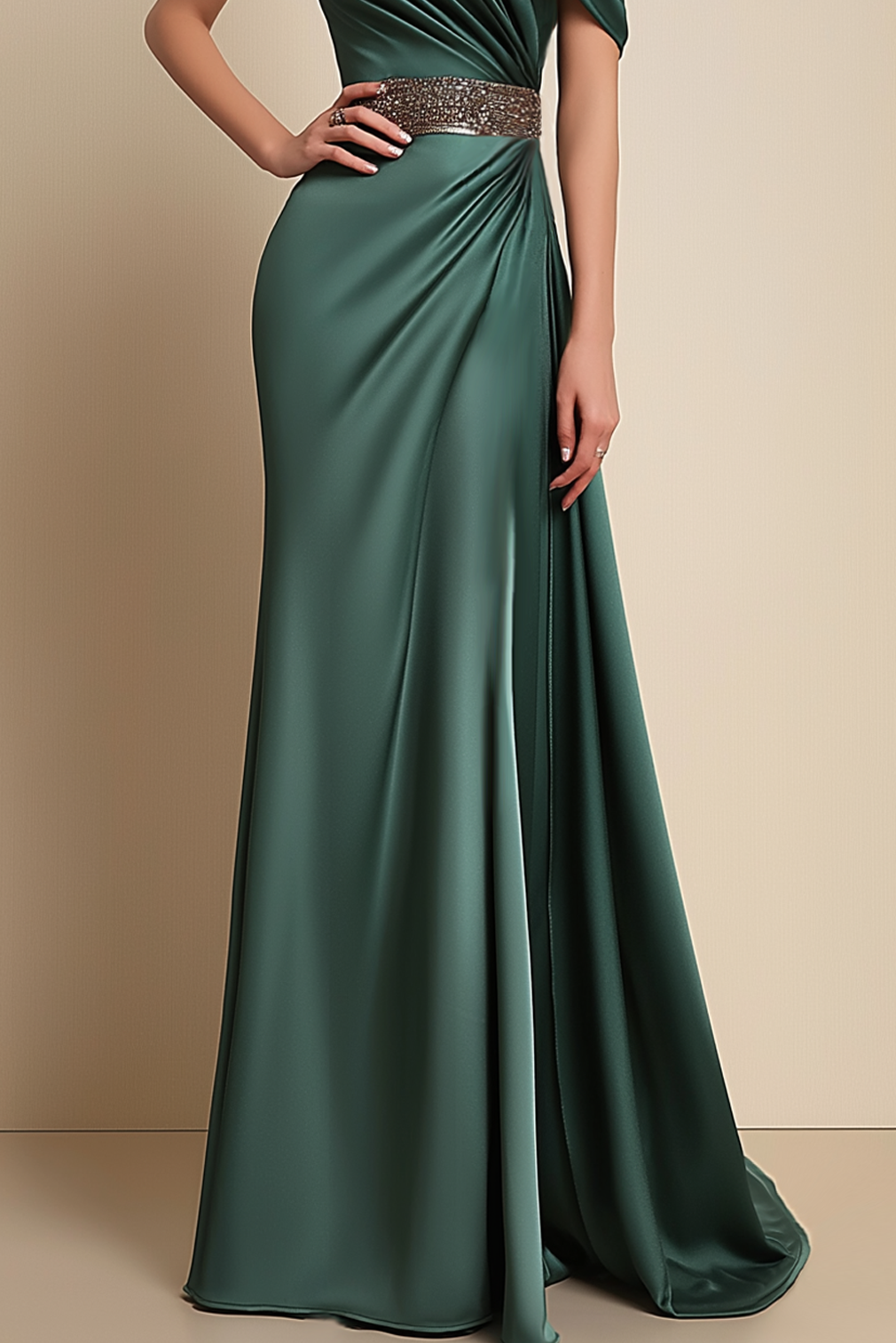 Formal Dress Green One-Shoulder Rhinestone Waist Belt Floor-Length Dress