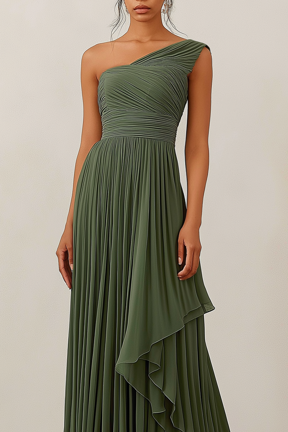 Formal Evening Dress Green Ruched Asymmetrical Floor-Length Gown