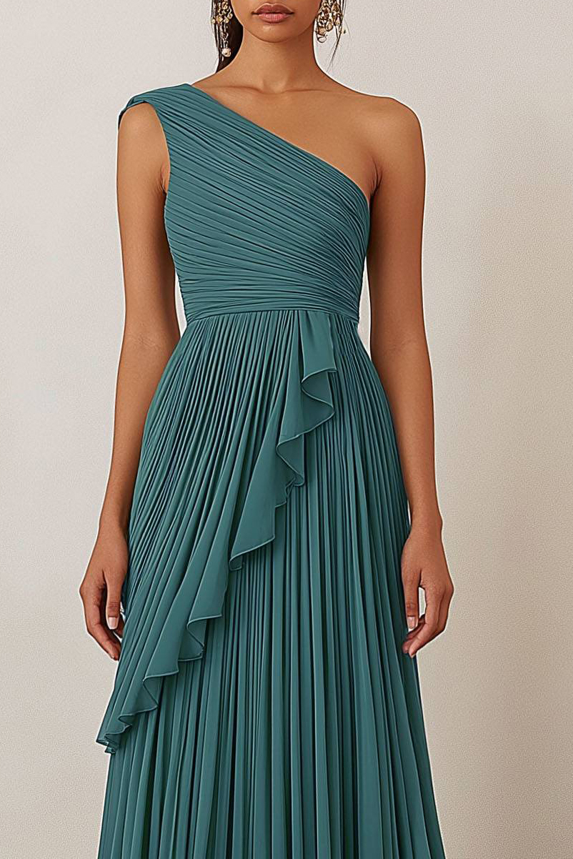 Formal Evening Dress Teal One-Shoulder Ruched Asymmetrical Floor-Length Gown