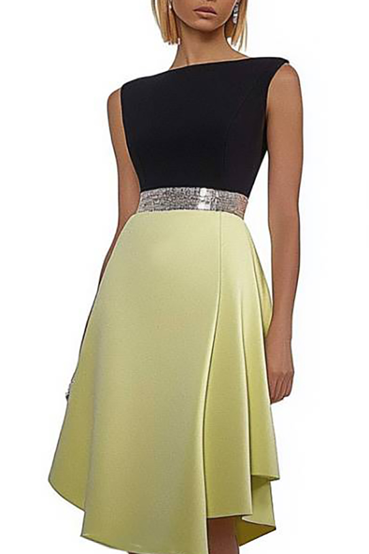Semi-Formal Party Dress Colorblock Round Neck Sleeveless Knee-Length Dress