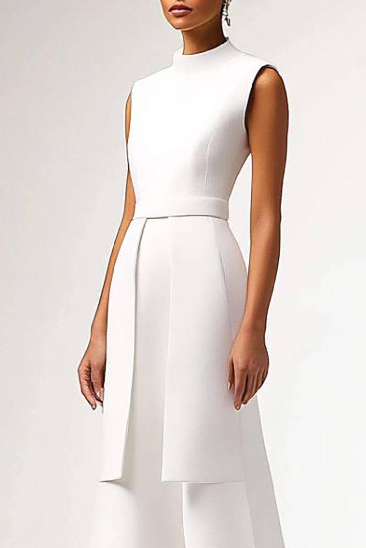 Semi-Formal Party Dress White Stand Collar Sleeveless Maxi Dress