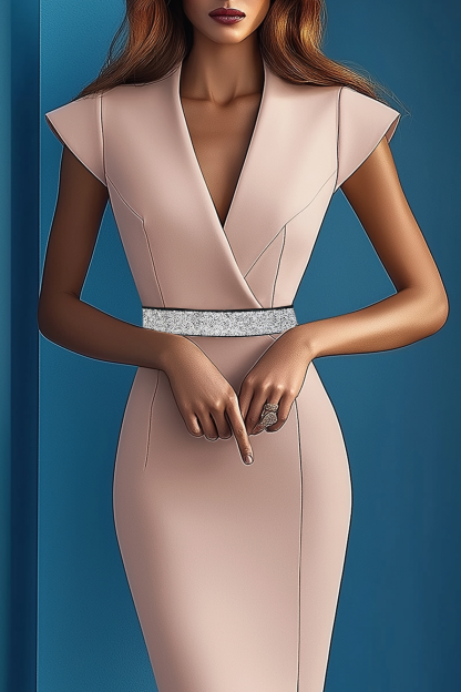 Work Semi-Formal Dress Pink Cross Neck Fitted Knee-Length Dress