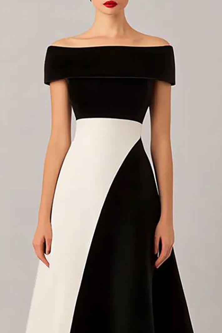 Party Semi-Formal Colorblock Dress Black White Off Shoulder Midi Dress