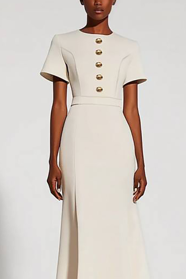 Work Semi-Formal Dress White Round Neck Button Short Sleeve Maxi Dress