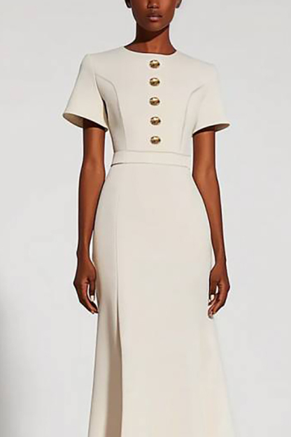 Work Semi-Formal Dress White Round Neck Button Short Sleeve Maxi Dress