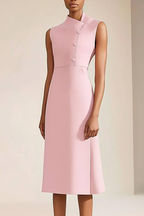 Cocktail Party Dress Pink Sleeveless Button Knee-Length Dress