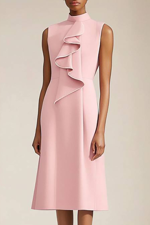 Party Cocktail Dress Pink Stand Collar Sleeveless Ruffled Knee-Length Dress