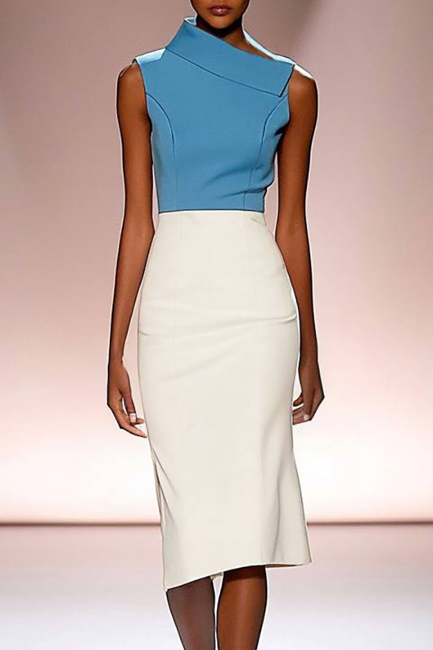Cocktail Party Dress Blue White Colorblock Stand Collar Knee-Length Dress