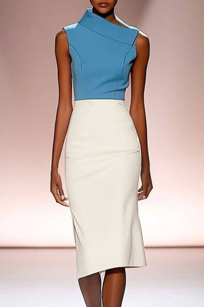 Cocktail Party Dress Blue White Colorblock Stand Collar Knee-Length Dress