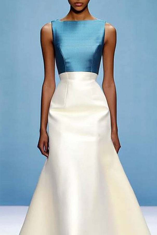 Evening Formal Colorblock Dress Blue White Round Neck Sleeveless Maxi Dress