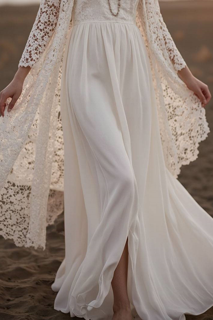 Vacation Lace Dress Set Long Sleeve Cardigan V-Neck Floor-Length Dress Set