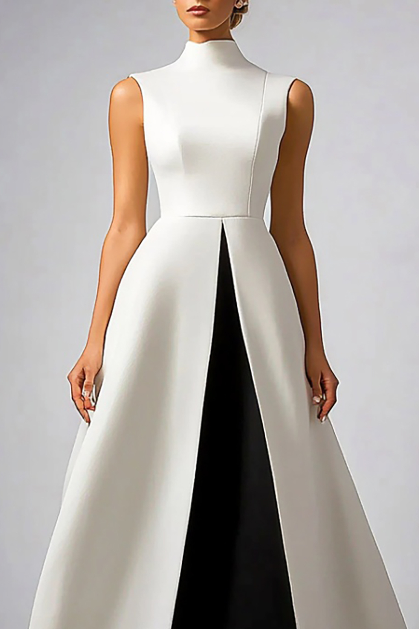 Evening Formal Dress Black White Stand Collar Sleeveless Slit Maxi Dress