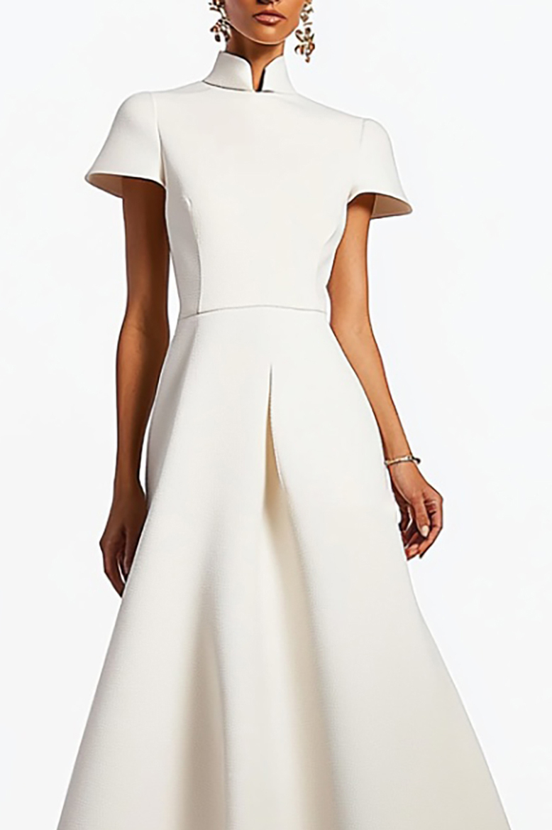 Evening Formal Dress White Stand Collar Short Sleeve Loose Maxi Dress