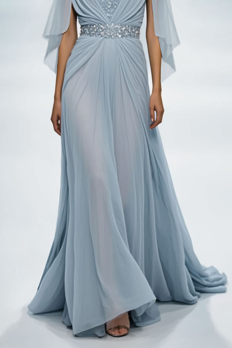 Evening Dress Light Blue Rhinestone Chiffon Floor-Length Gown