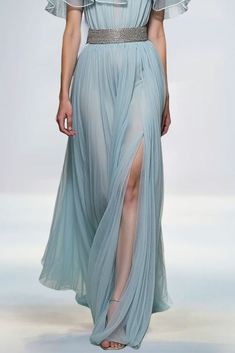 Evening Dress Light Blue Off Shoulder Ruffle Chiffon Slit Maxi Gown