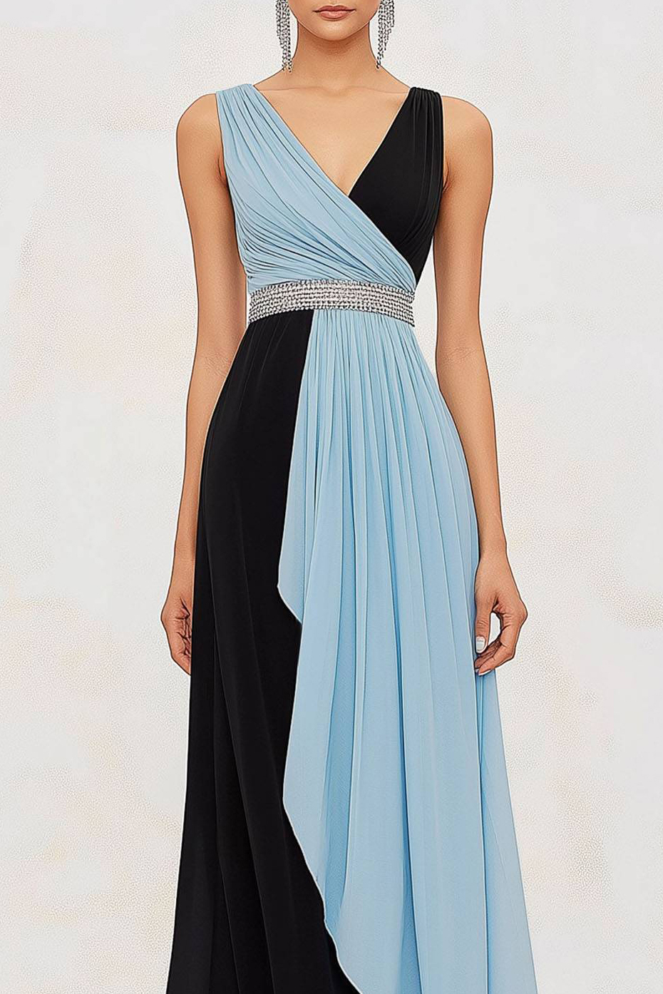 Evening Formal Dress Blue Black V-Neck Rhinestone Waistband Floor-Length Dress
