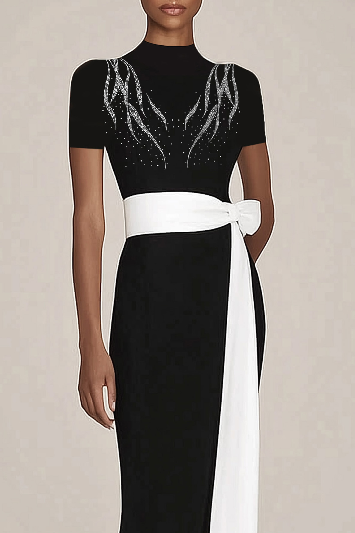 Cocktail Party Dress Black Stand Collar Rhinestone White Belt Slim-Fit Maxi Dress