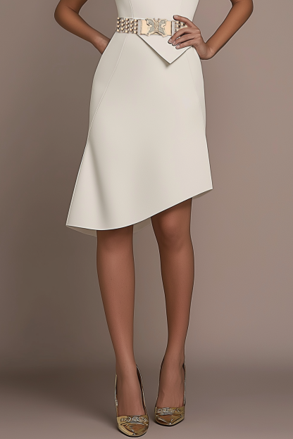 Work Dress White Sleeveless Waistbelt Asymmetric Knee-Length Dress