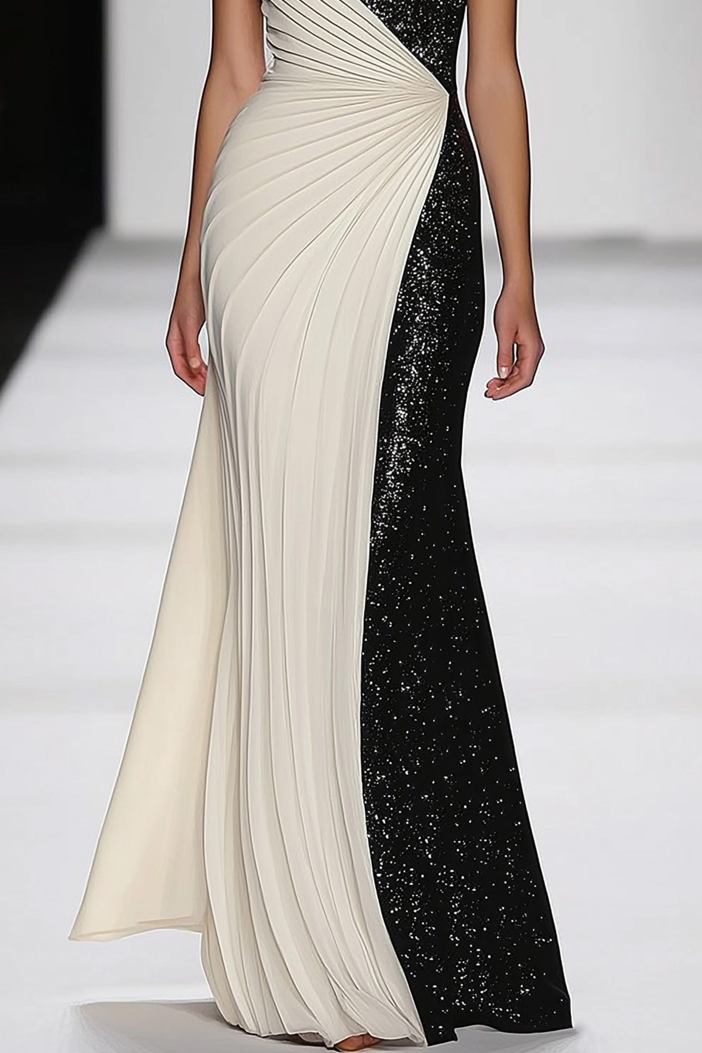 Evening Formal Dress Black White Sequin Sleeveless Floor-Length Gown