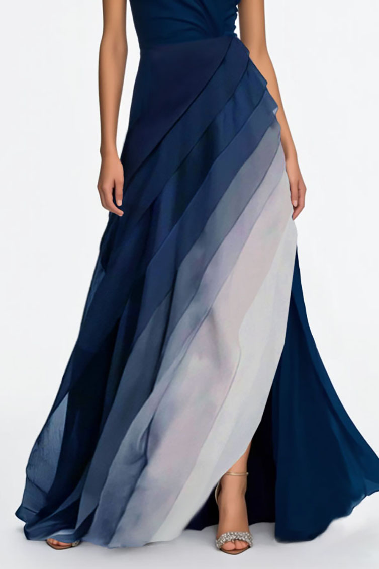Formal Evening Dress Blue Ombre Strapless Multi-Layered Maxi Dress