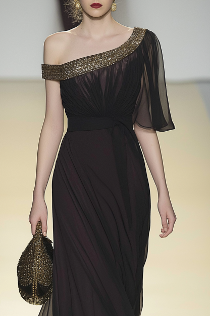 Formal Evening Dress Black Chiffon One-Shoulder Maxi Dress