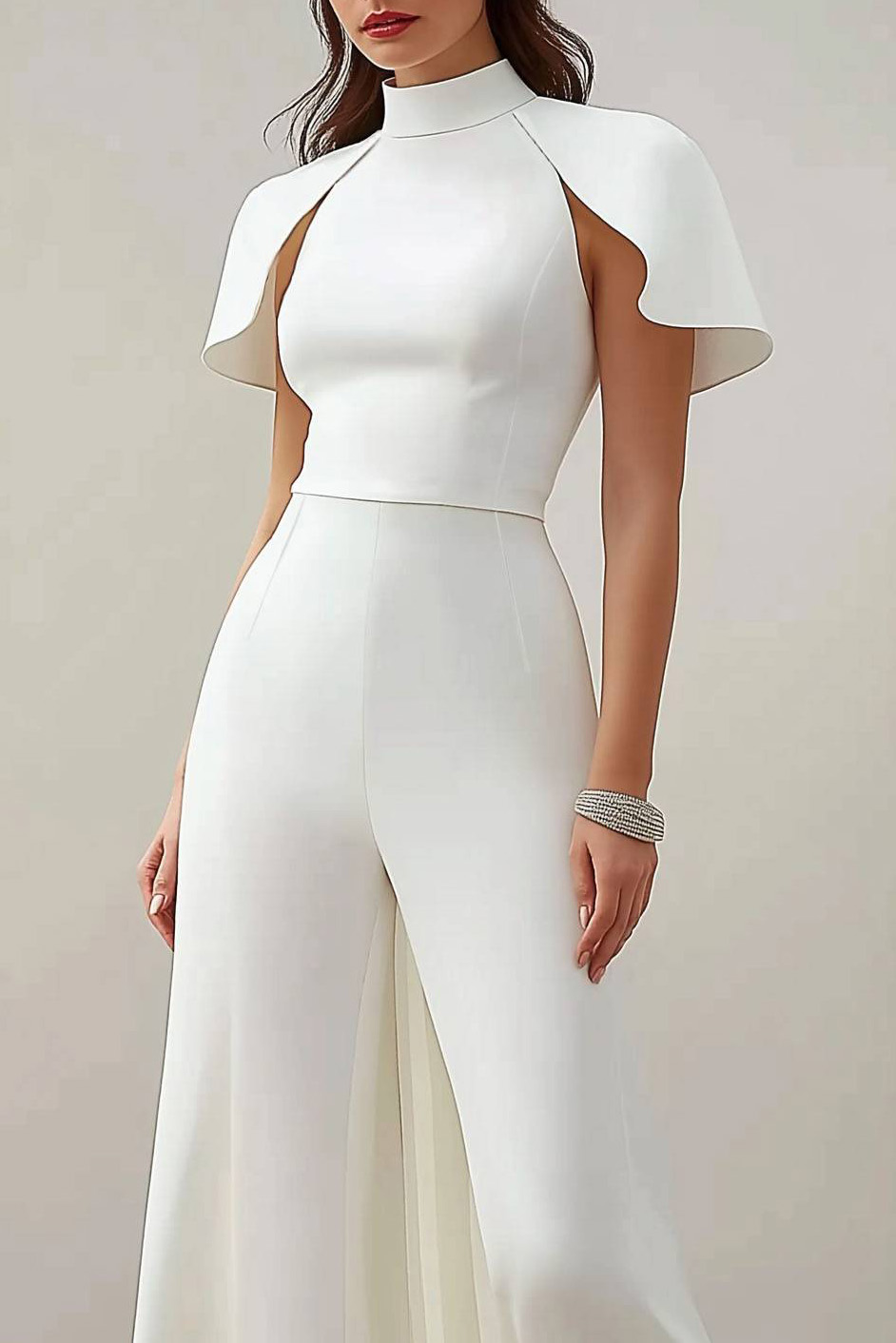 Semi-Formal Party Jumpsuit White Stand Collar Wide-Leg Pants