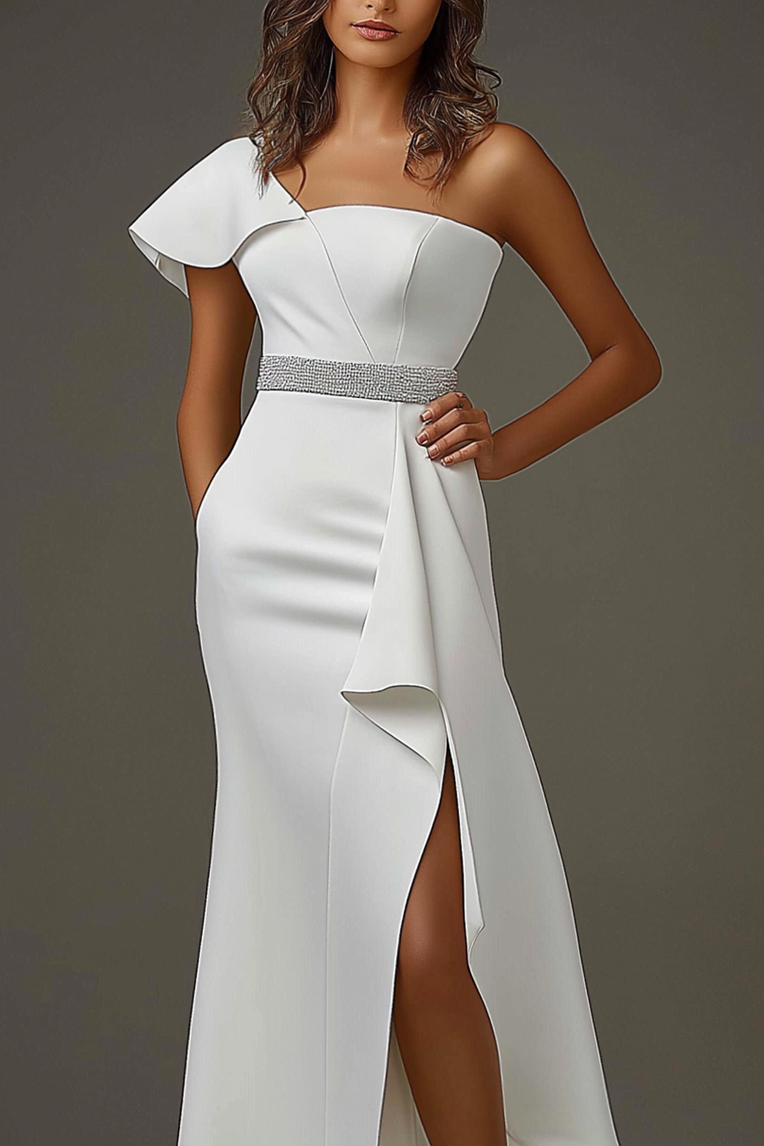 Semi-Formal Party Dress White Asymmetrical Rhinestone Belt Maxi Dress