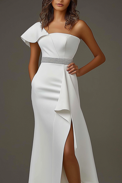 Semi-Formal Party Dress White Asymmetrical Rhinestone Belt Maxi Dress