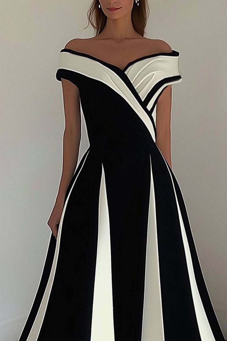 Elegant Black and White Dress Off-Shoulder Cross Neck Maxi Dress