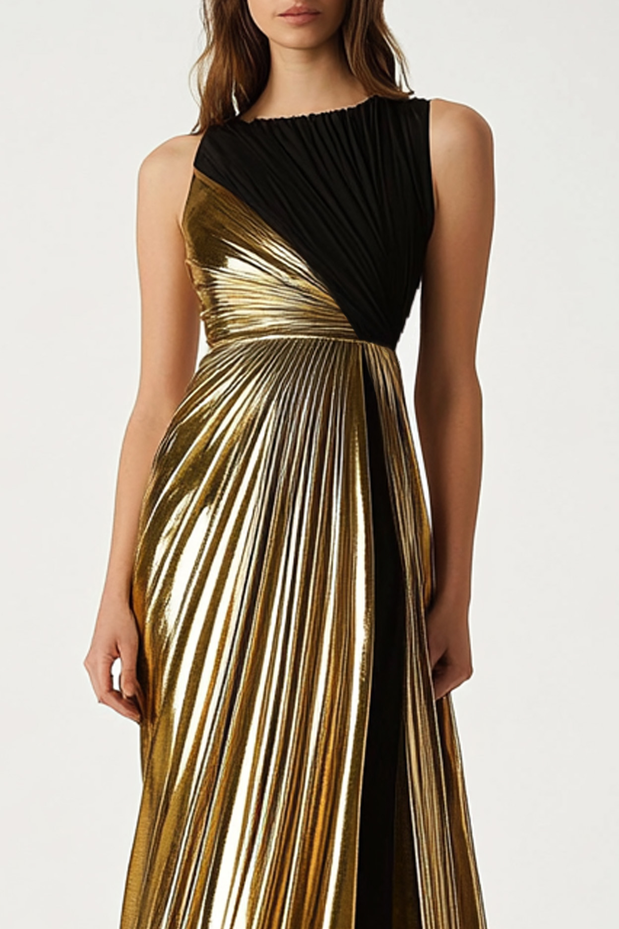 Formal Evening Dress Black Gold Metallic Sleeveless Pleated Maxi Dress