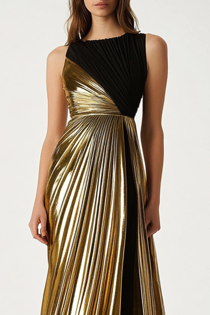 Formal Evening Dress Black Gold Metallic Sleeveless Pleated Maxi Dress