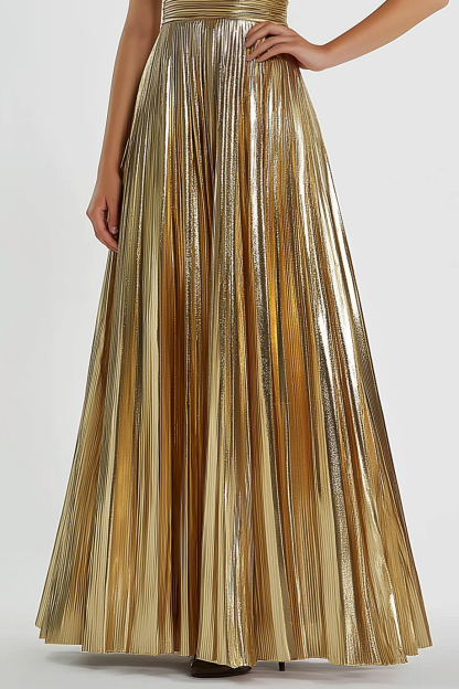 Formal Evening Dress Gold Pleated Metallic Square Neck Maxi Dress