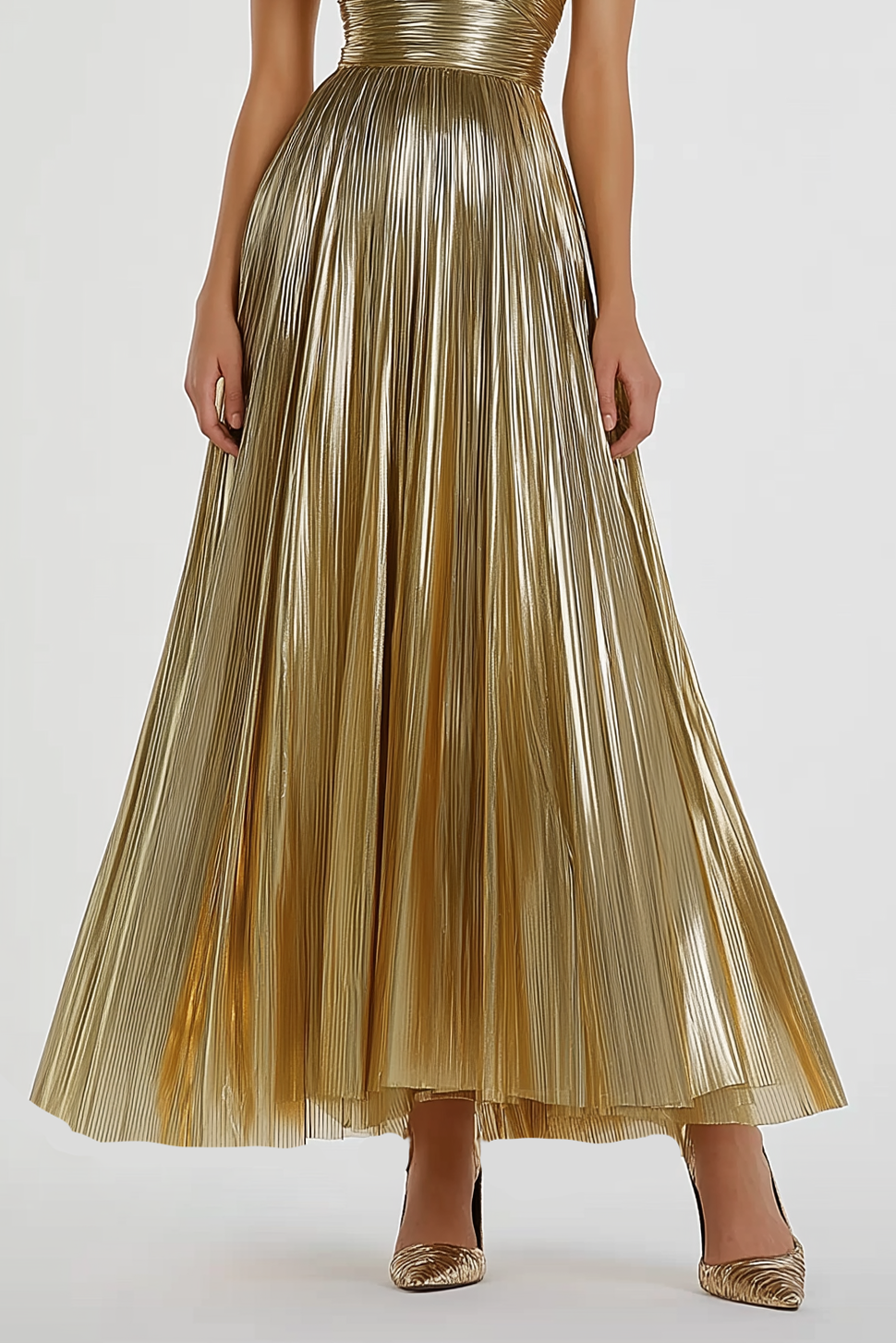 Formal Evening Dress Gold Pleated Metallic Off-Shoulder Maxi Dress