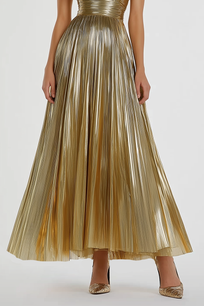 Formal Evening Dress Gold Pleated Metallic Off-Shoulder Maxi Dress