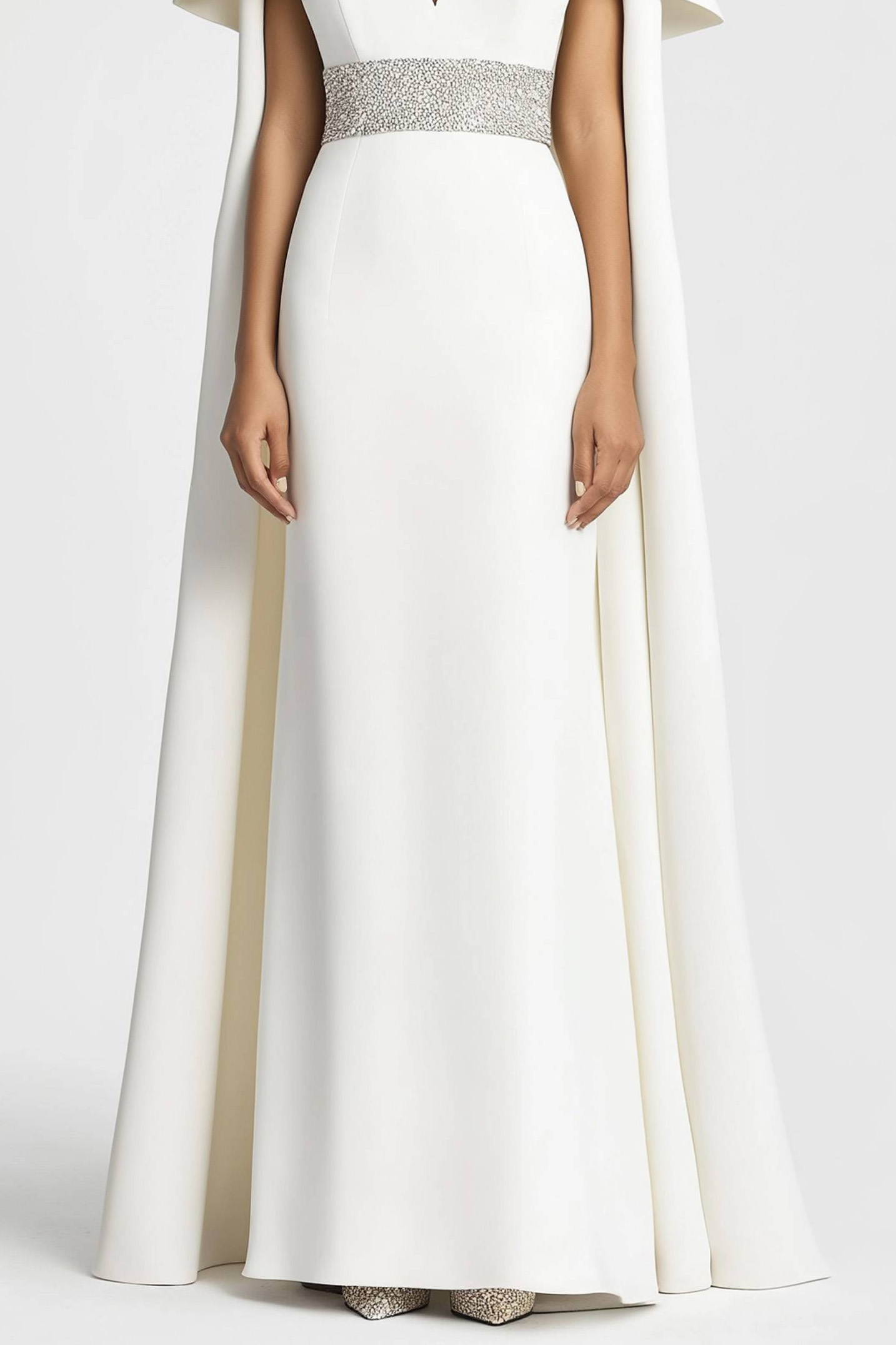 Formal Evening Dress White Deep V with Cape and Rhinestone Belt Maxi Dress