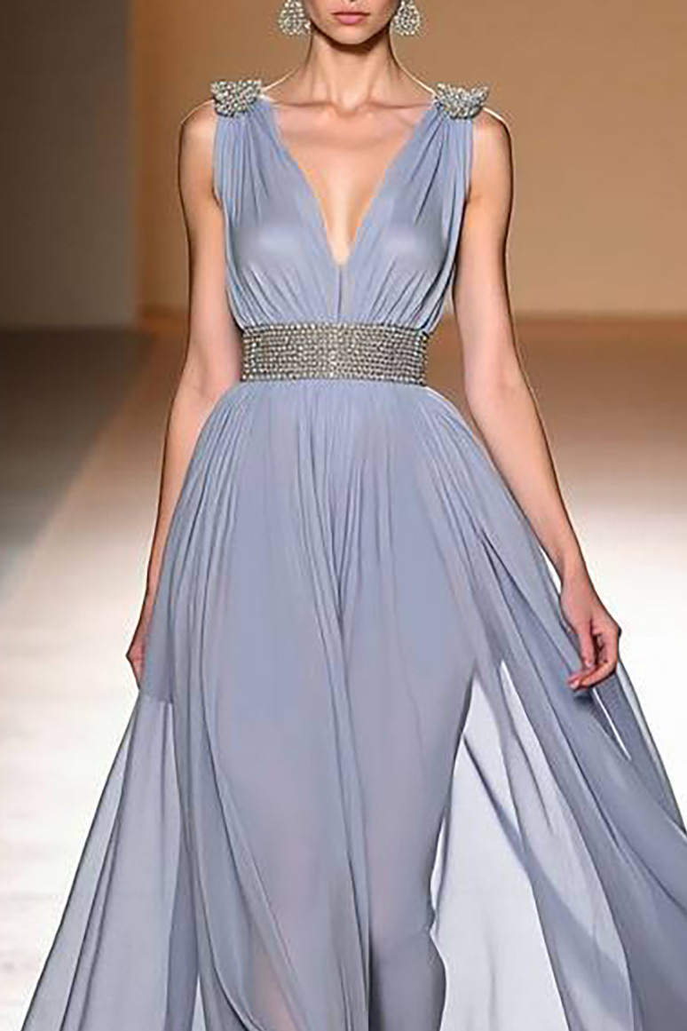 Party Dress Light Blue Deep V Chiffon Sleeveless Maxi Dress