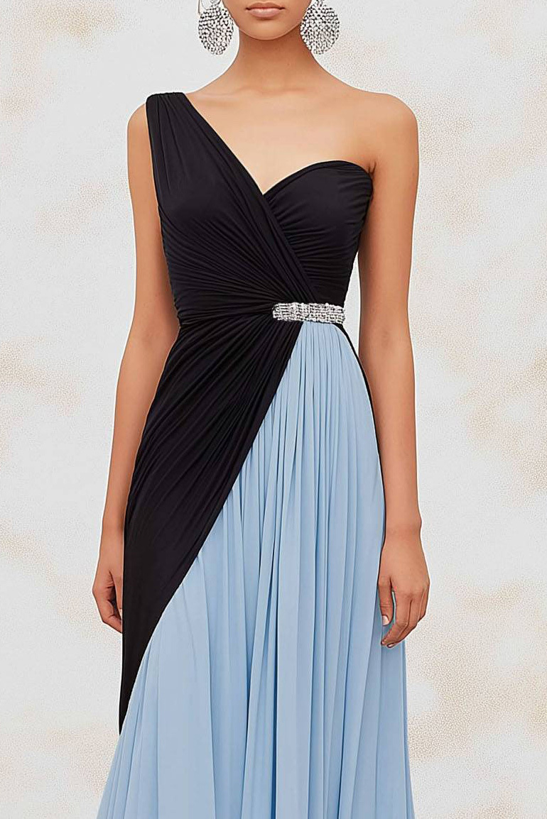 Semi-Formal Party Dress Black Blue One-Shoulder Pleated Maxi Dress