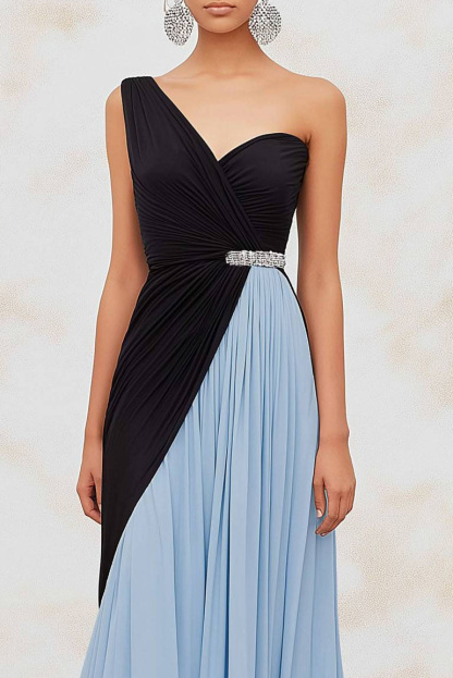 Semi-Formal Party Dress Black Blue One-Shoulder Pleated Maxi Dress