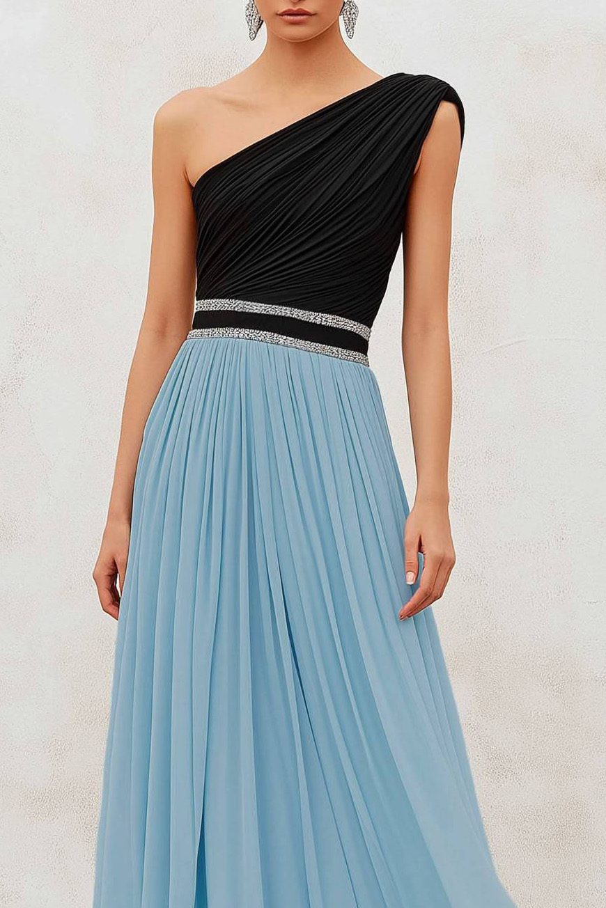 Formal Dress Black Blue One-Shoulder Sleeveless Chiffon Pleated Maxi Dress