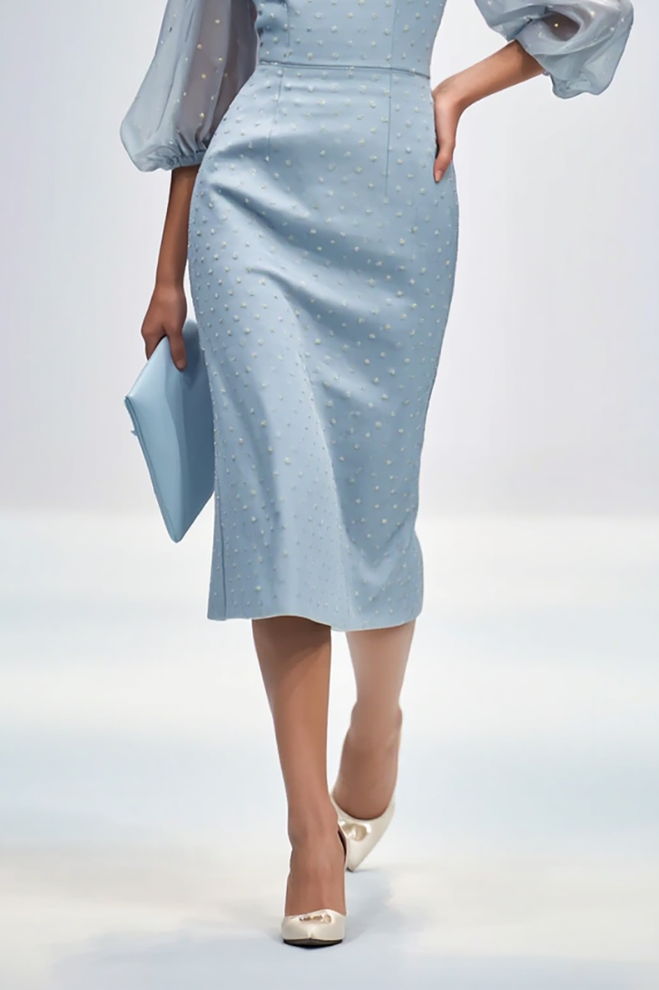 Casual Semi-Formal Dress Light Blue Square Neck Puff Sleeve Pearl Midi Dress
