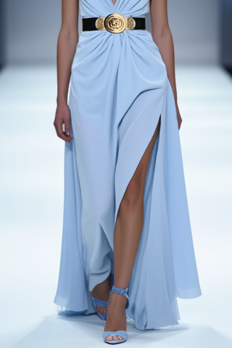 Formal Dress Light Blue Deep V-Neck Sleeveless Belt Slit Maxi Dress
