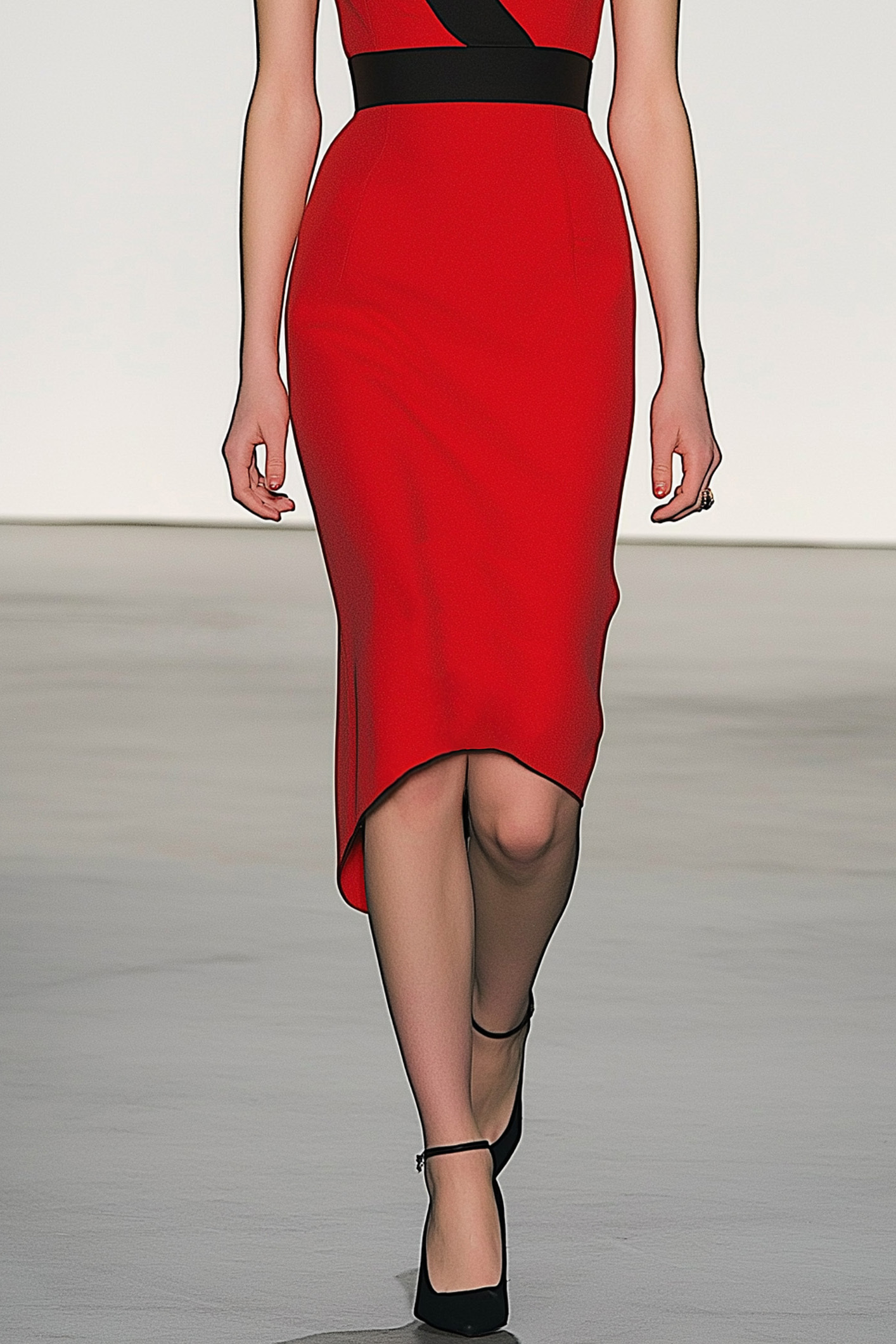 Semi-Formal Party Dress Black Red V-Neck Sleeveless Fitted Midi Dress