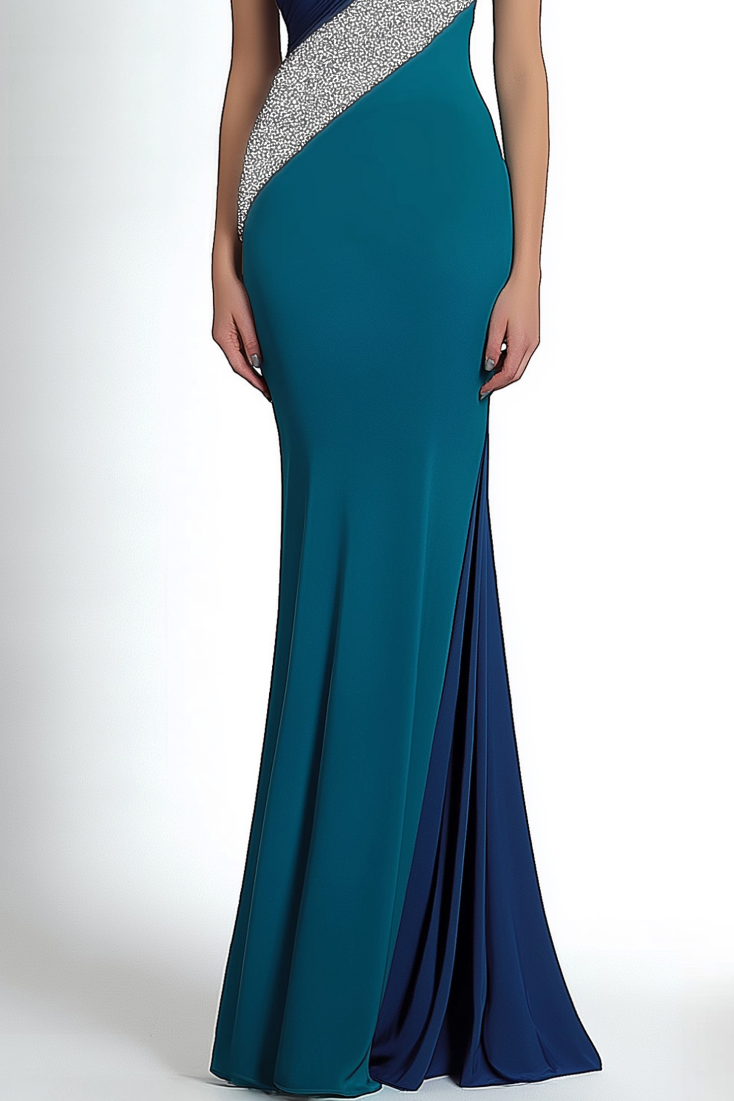 Formal Dress Blue Green One-Shoulder Silver Accented Floor-Length Gown